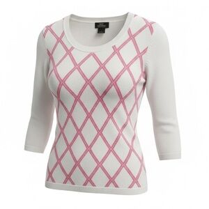 Brooks Brothers Women's White Sweater with Pink Diamond Pattern